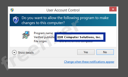 Screenshot where IDM Computer Solutions, Inc. appears as the verified publisher in the UAC dialog